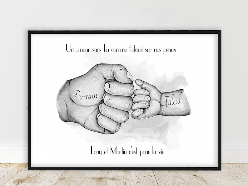 Cadeau pour PARRAIN , Affiche A4 ou A3, cadeau pour baptême, portait check parrain et filleule, couleur et texte personnalisables