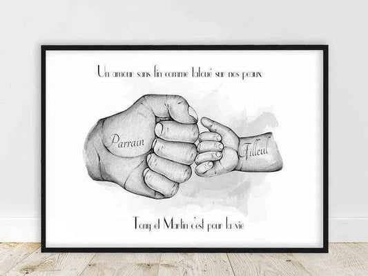 Gift for GODFATHER, A4 or A3 poster, gift for baptism, carried godfather and goddaughter check, customizable color and text