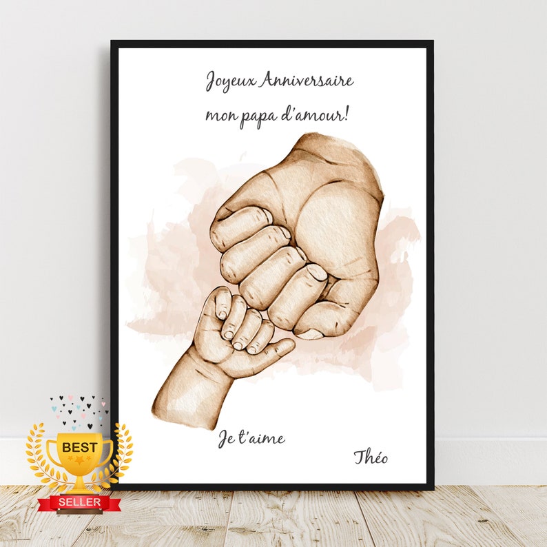 Joyeux anniversaire papa, Portrait personnalisé père et fils, cadeau fête des pères, affiche main papa, couleur et texte personnalisables