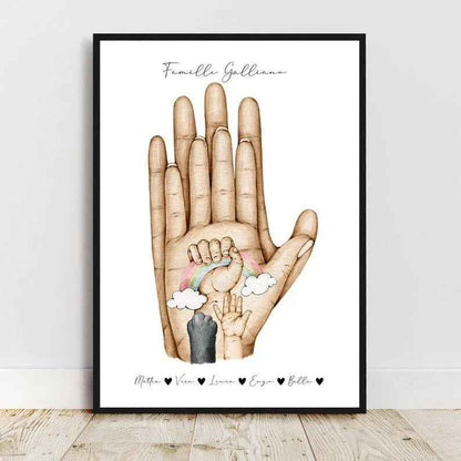 Affiche Famille Personnalisée, main dans la main, portrait personnalisé, cadeau fête des pères, cadeau fêtes des mères, cadeau d'anniversaire
