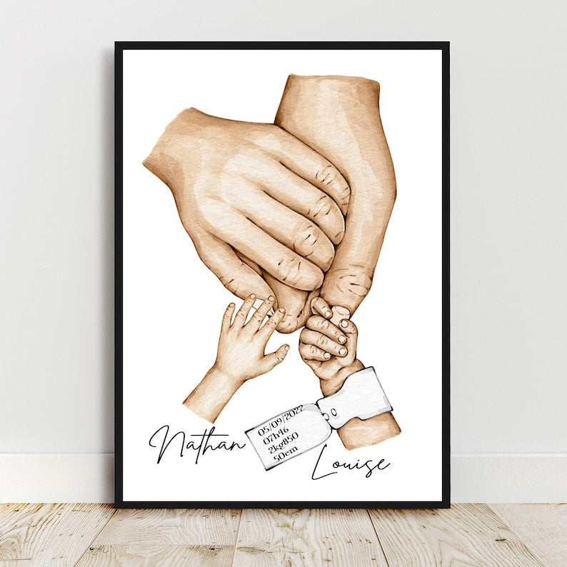 Affiche famille personnalisée, affiche A3, cadre en option, cadeau de naissance, cadeau jeune parent, bracelet de Naissance Personnalisable