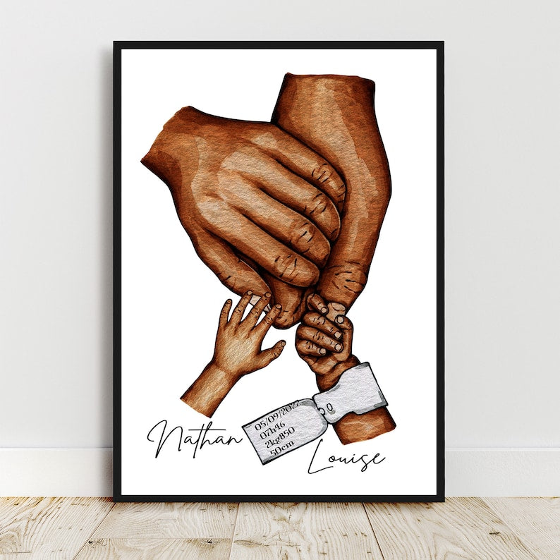 Affiche famille personnalisée, bébé et bracelet de naissance, cadeau de naissance personnalisé, famille 2 enfants, fait en France