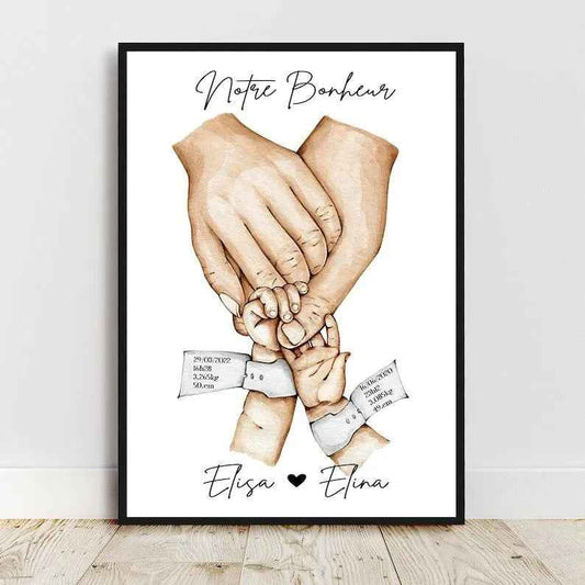 Baby room decor, personalized family poster, birth bracelet, A4 or A3 format, created and printed in France, family of 2 children
