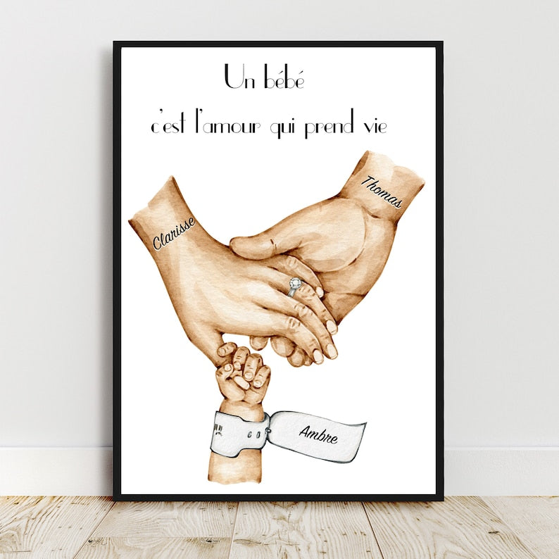 Cadeau de naissance personnalisé, Affiche bracelet de naissance, cadeau nouveaux parents, cadeau fête des pères, fêtes des mères