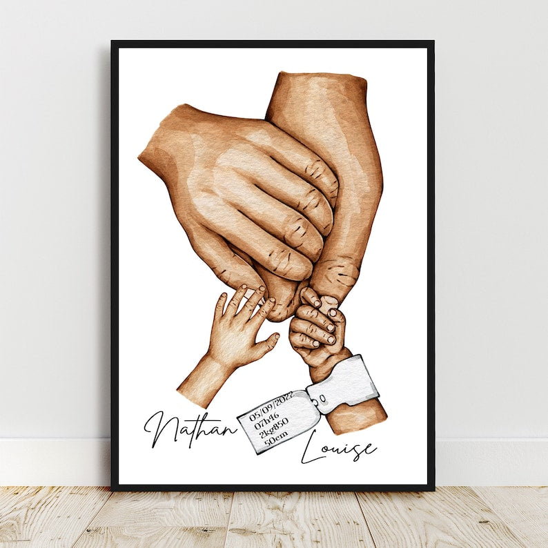 Affiche famille personnalisée, affiche A3, cadre en option, cadeau de naissance, cadeau jeune parent, bracelet de Naissance Personnalisable