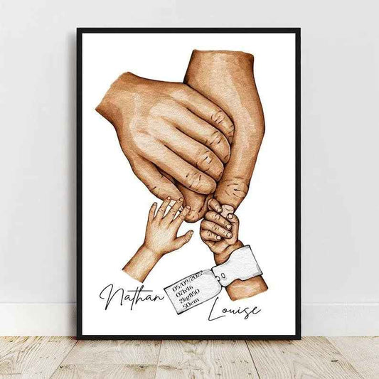 Personalized family poster, A3 poster, optional frame, birth gift, young parent gift, Customizable Birth bracelet
