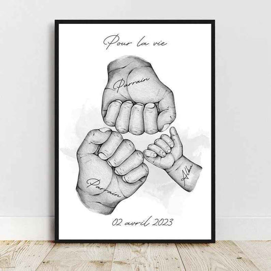 Godfather gift, personalized poster of two godparents and their godchild, A4 or A3 format poster, optional frame, baptism gift