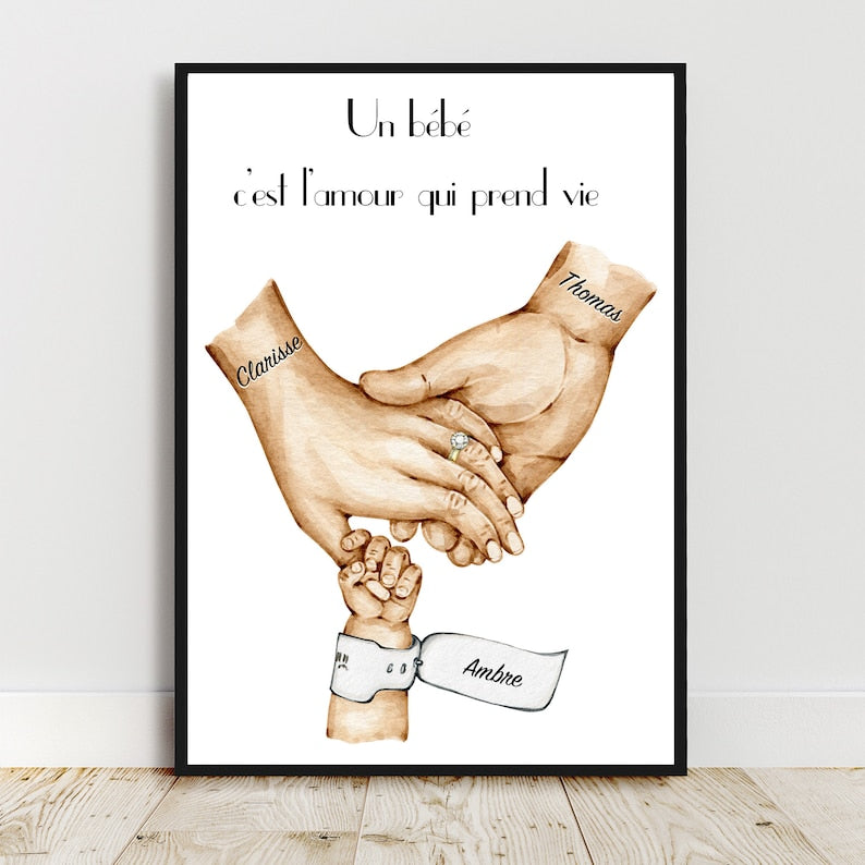 Cadeau de naissance personnalisé, Affiche bracelet de naissance, cadeau nouveaux parents, cadeau fête des pères, fêtes des mères