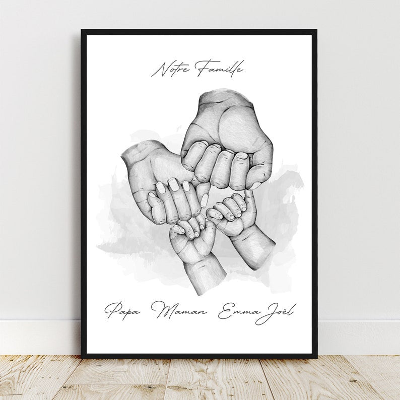 Affiche Famille Personnalisée - Portrait Papa Maman Enfant - Cadeau Personnalisé Fête des Pères et Fête des Mères - Personnalisation Couleur et Texte