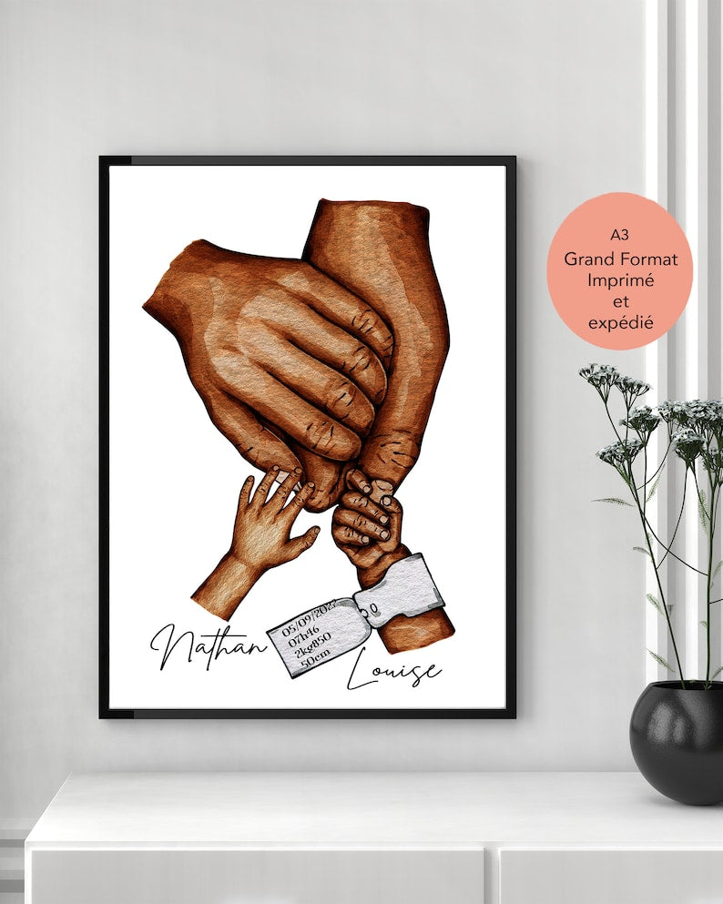 Affiche famille personnalisée, affiche A3, cadre en option, cadeau de naissance, cadeau jeune parent, bracelet de Naissance Personnalisable