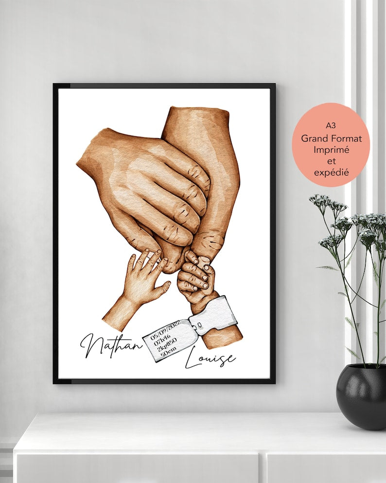 Affiche famille personnalisée, affiche A3, cadre en option, cadeau de naissance, cadeau jeune parent, bracelet de Naissance Personnalisable