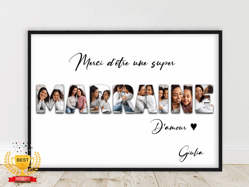 Affiche personnalisée avec photographie parrain marraine, Cadeau pour marraine, cadeau pour parrain, format a4 ou a3, bapteme fille, bapteme