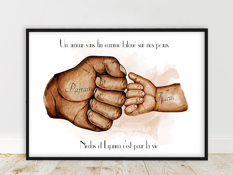 Cadeau pour PARRAIN , Affiche A4 ou A3, cadeau pour baptême, portait check parrain et filleule, couleur et texte personnalisables