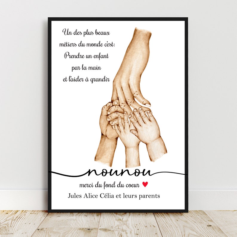 Affiche A4 pour Maîtresse, Nounou, Aesh, Atsem, nombre d'enfant personnalisable, cadeau fin d'année scolaire