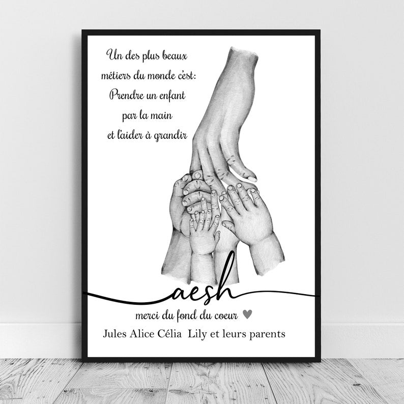 Affiche A4 pour Maîtresse, Nounou, Aesh, Atsem, nombre d'enfant personnalisable, cadeau fin d'année scolaire