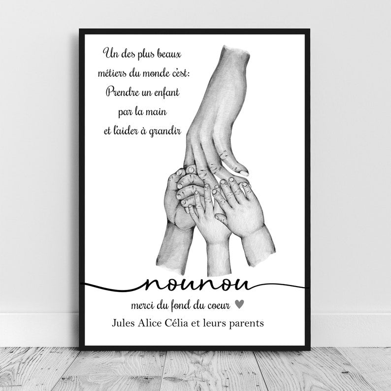 Affiche A4 pour Maîtresse, Nounou, Aesh, Atsem, nombre d'enfant personnalisable, cadeau fin d'année scolaire