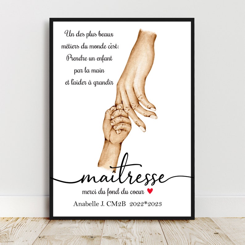 Affiche A4 pour Maîtresse, Nounou, Aesh, Atsem, nombre d'enfant personnalisable, cadeau fin d'année scolaire