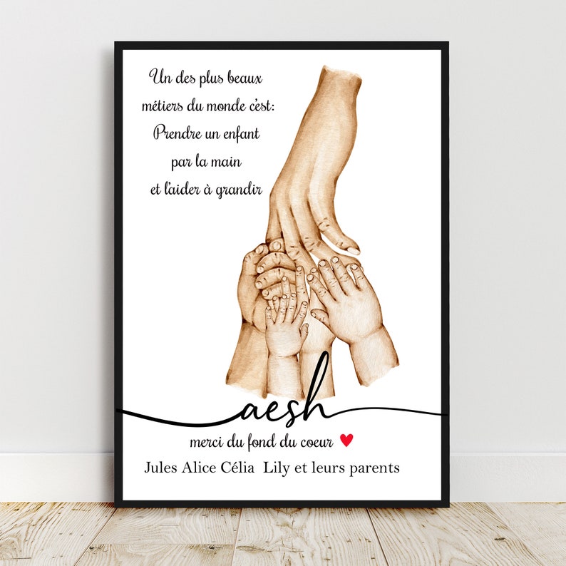 Affiche A4 pour Maîtresse, Nounou, Aesh, Atsem, nombre d'enfant personnalisable, cadeau fin d'année scolaire