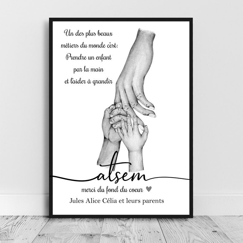 Affiche A4 pour Maîtresse, Nounou, Aesh, Atsem, nombre d'enfant personnalisable, cadeau fin d'année scolaire