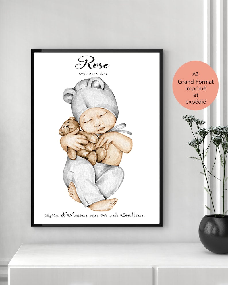 Cadeau de naissance, affiche personnalisée, imprimée et expédiée, idee annonce bebe, fête des pères, fête des mères, jeune parent, famille