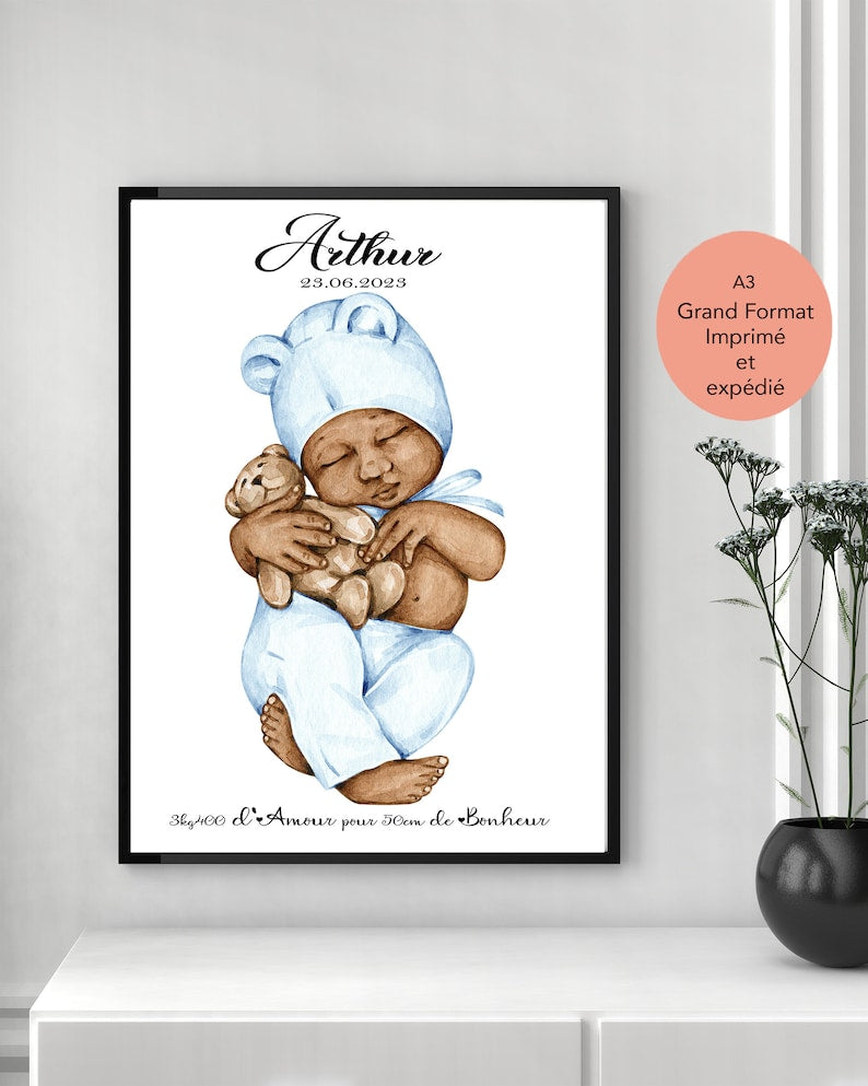 Cadeau de naissance, affiche personnalisée, imprimée et expédiée, idee annonce bebe, fête des pères, fête des mères, jeune parent, famille