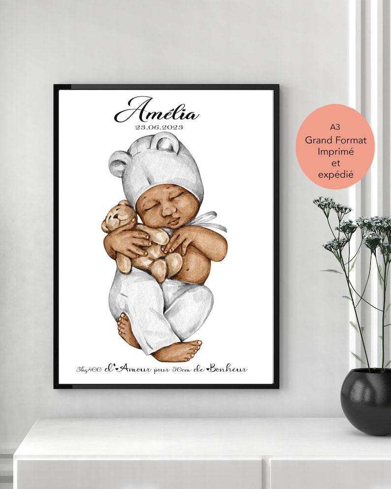 Cadeau de naissance, affiche personnalisée, imprimée et expédiée, idee annonce bebe, fête des pères, fête des mères, jeune parent, famille