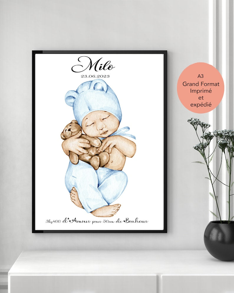 Cadeau de naissance, affiche personnalisée, imprimée et expédiée, idee annonce bebe, fête des pères, fête des mères, jeune parent, famille