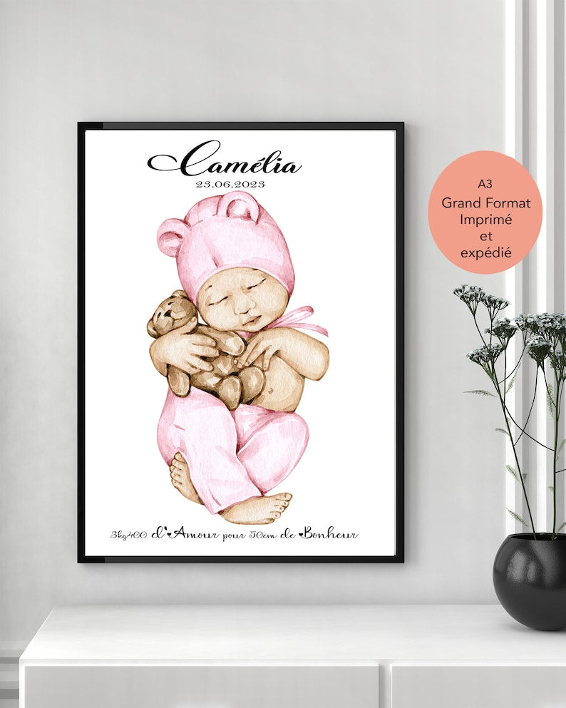 Cadeau de naissance, affiche personnalisée, imprimée et expédiée, idee annonce bebe, fête des pères, fête des mères, jeune parent, famille