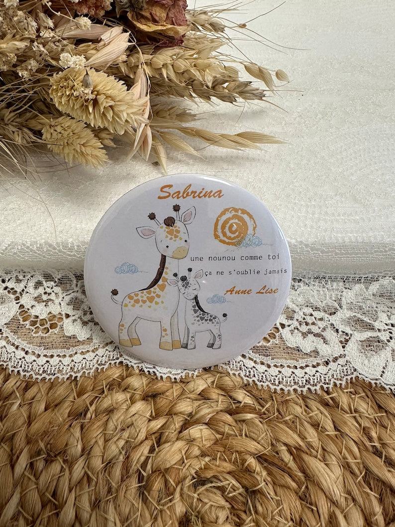 miroir de poche, badge ou magnet personnalisé, cadeaux nounou pas cher, cadeau pour une nounou,  taille 75mm