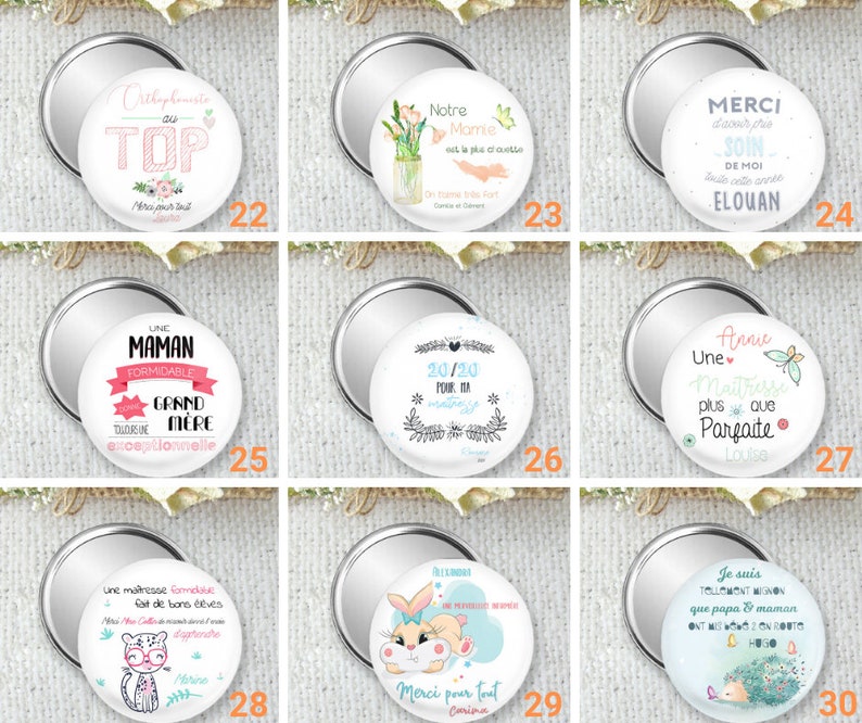 miroir de poche, badge ou magnet personnalisé, cadeau pour une nounou en fin de contrat, offrir un cadeau à sa nounou, taille 75mm