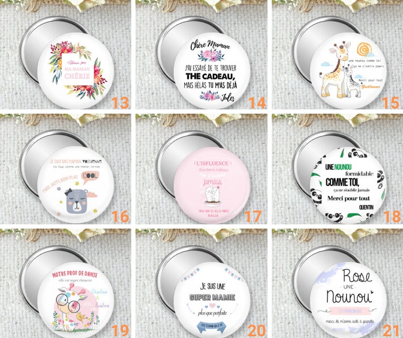 miroir de poche, badge ou magnet personnalisé 75mm, cadeau fait main, pour atsem, maîtresse, nounou, assistante maternelle, pédiatre