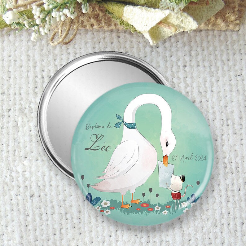 miroir de poche, badge ou magnet personnalisé 75mm, pour baptême, anniversaire, cadeau à la famille, annonce grossesse avec texte et dessin