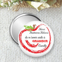 miroir de poche, badge ou magnet personnalisé taille 75mm, pour une maitresse