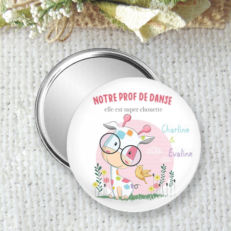 miroir de poche, badge ou magnet personnalisé taille 75mm pour une prof de danse