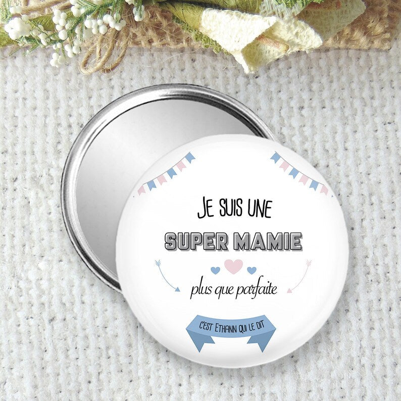 miroir de poche, badge ou magnet personnalisé, idées cadeau pour mamie, pour la fête des grands-mères,  taille 75mm, fte de grand mre