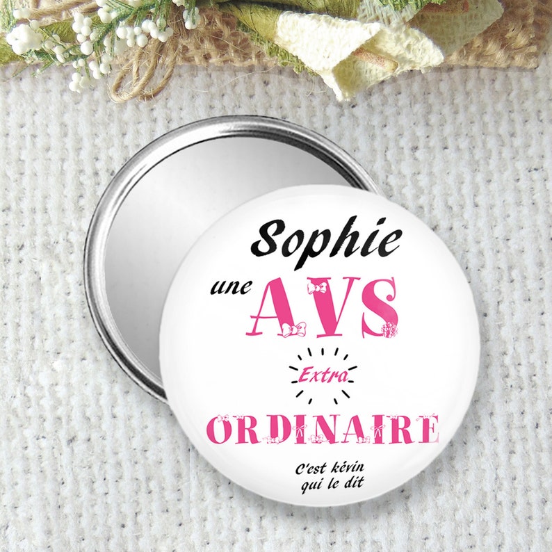 Miroir de Poche, Badge ou Magnet Personnalisé - Taille 75mm - Idéal à offrir à une Avs - Cadeau de remerciement unique et authentique