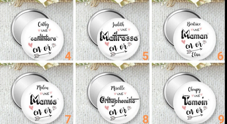 Pocket mirror, personalized badge or magnet 75mm, gift idea for a gold atsem, school gift, end of school year thank you idea