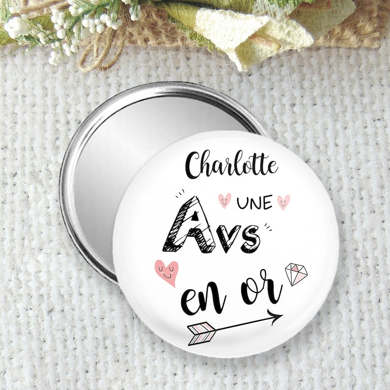 Pocket mirror, personalized badge or magnet 75mm, gift idea for a gold Avs, school gift, end of school year thank you idea