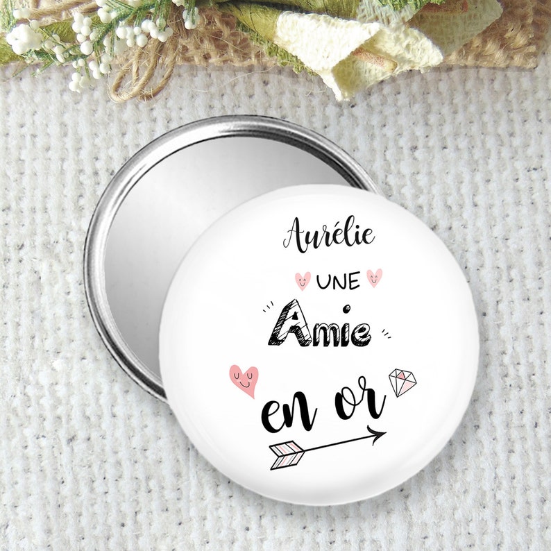 Miroir de poche, badge ou magnet personnalisé 75mm, idée cadeau pour une amie en or, cadeau d'amitié à offrir, accessoire pas cher et utile