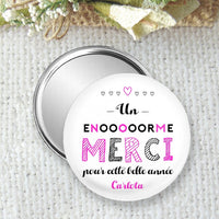 Personalized pocket mirror, badge or magnet 75mm, personalization of first name only, different text colors available, low price