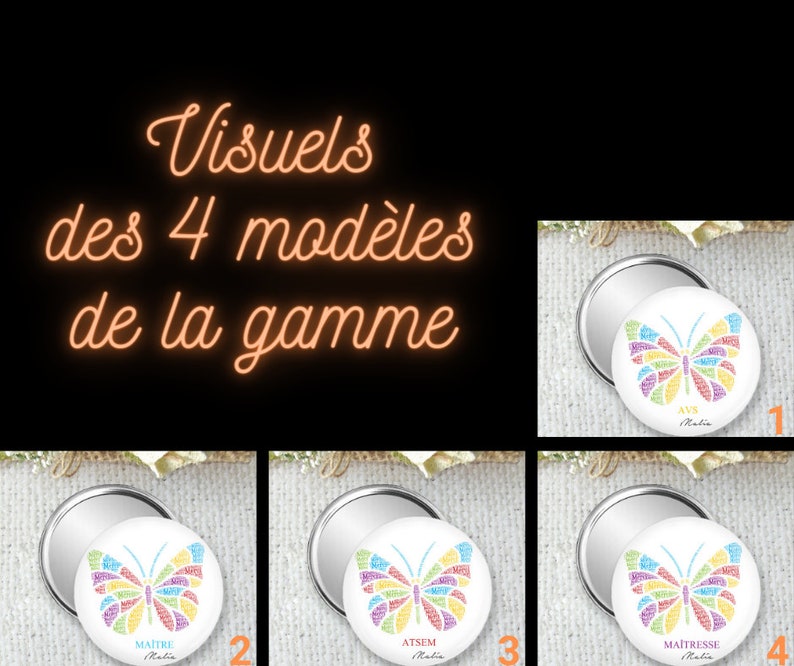 Miroir de poche, badge ou magnet personnalisé 75mm, idées cadeaux pour une atsem, cadeau de remerciement de fin d'année scolaire