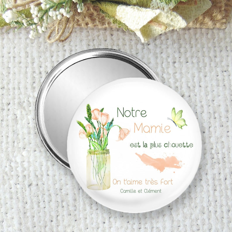 miroir de poche, badge ou magnet personnalisé, idees cadeau pour mamie, pour la fête des grands-meres,  taille 75mm