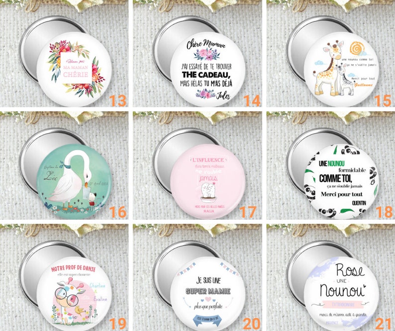 miroir de poche, badge ou magnet personnalisé, cadeau pour une nounou en fin de contrat, offrir un cadeau à sa nounou, taille 75mm