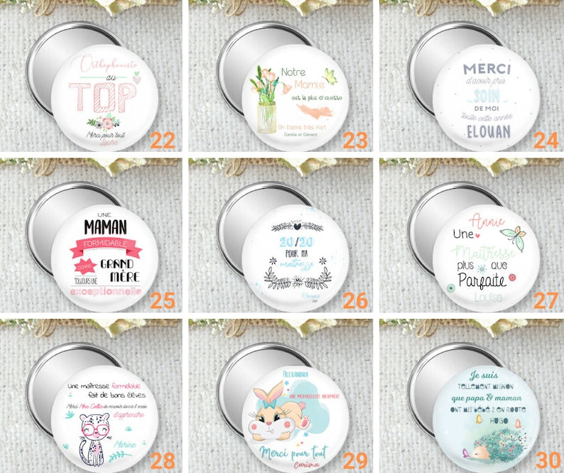 miroir de poche, badge ou magnet personnalisé, idées cadeau pour mamie, pour la fête des grands-mères,  taille 75mm, fte de grand mre