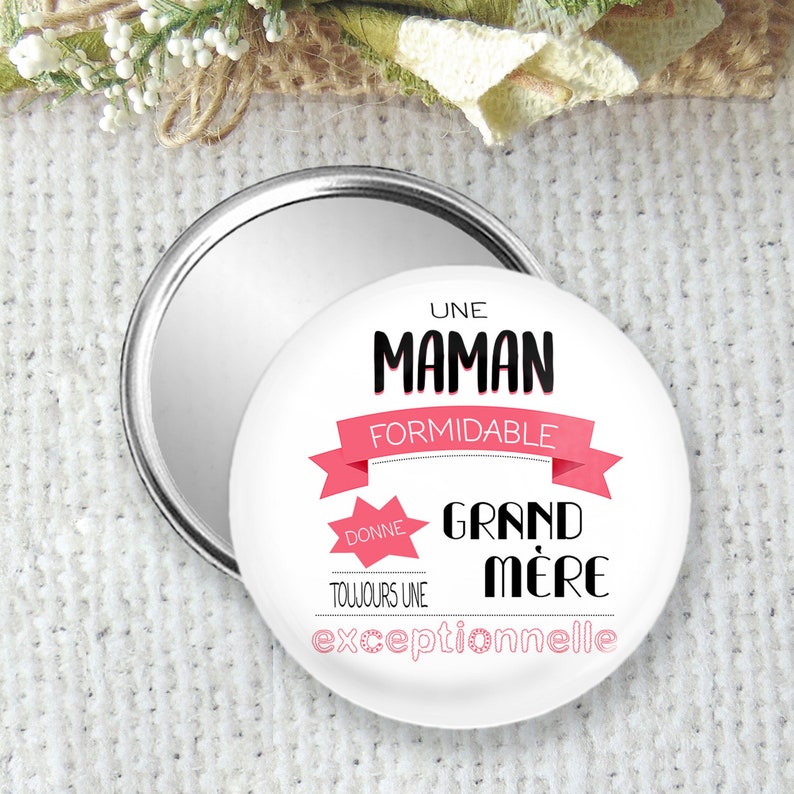 miroir de poche, badge ou magnet personnalisé, idées de cadeau annonce grossesse, pour la fête des mères, fête des grands-mères, taille 75mm