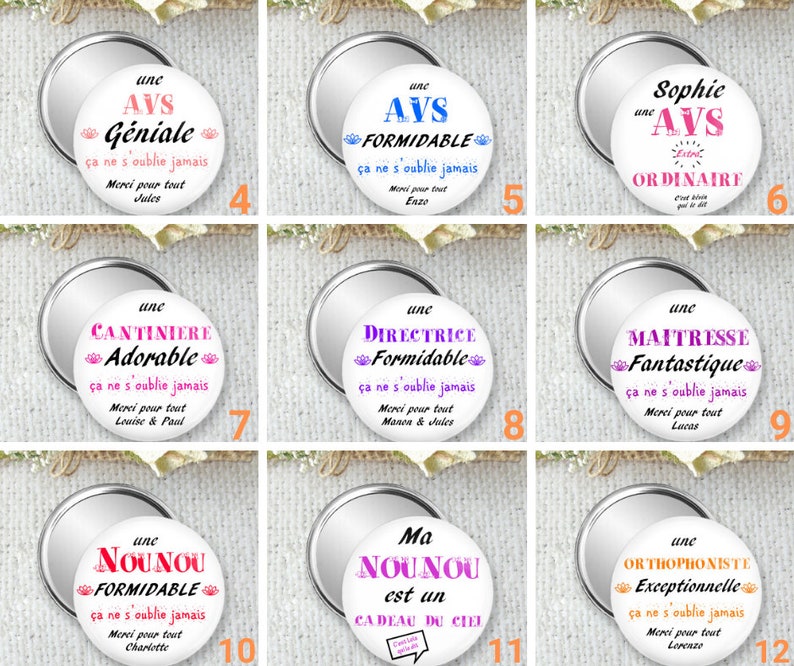 Personalized Pocket Mirror, Badge or Magnet - Size 75mm - Ideal to offer to an Avs - Inexpensive thank you gift for the end of the year