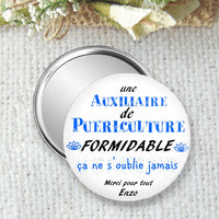 Miroir de Poche, Badge ou Magnet Personnalisé - Taille 75mm - Auxiliaire de puériculture - Idéal comme Cadeau de remerciement personnalisé