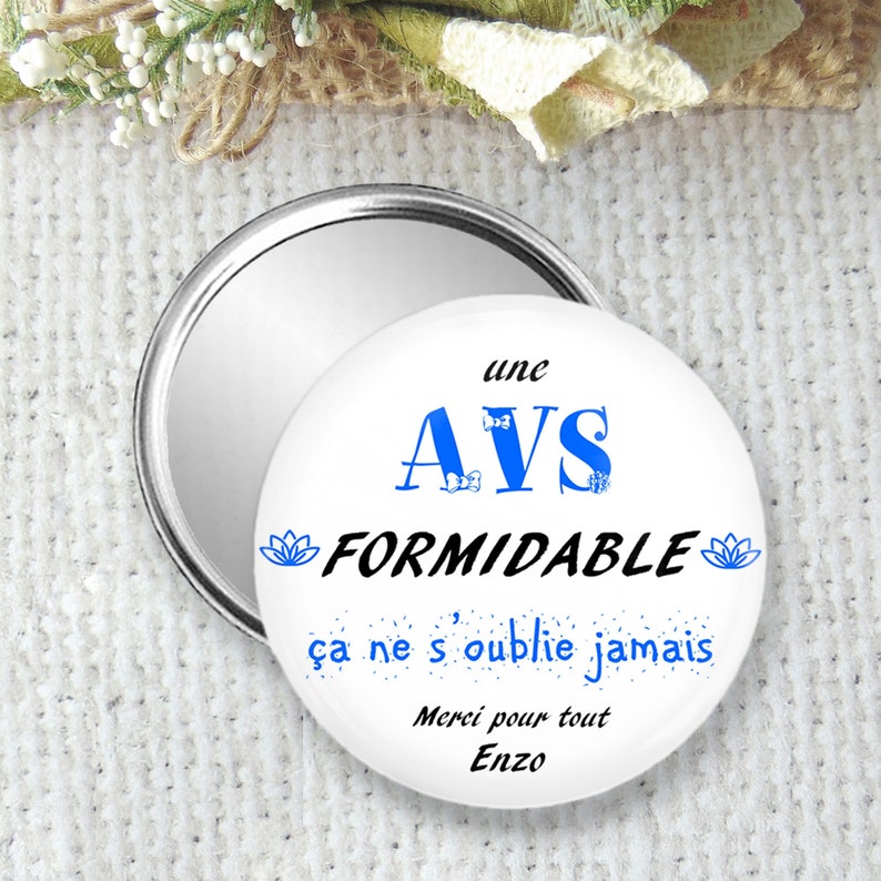 Personalized Pocket Mirror, Badge or Magnet - Size 75mm - Ideal to offer to an Avs - Inexpensive thank you gift for the end of the year