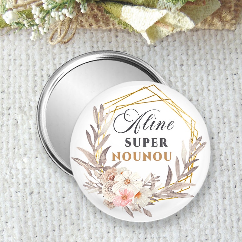 Personalized pocket mirror, badge or magnet 75mm, perfect for a great nanny, thank you gift for end of contract nanny