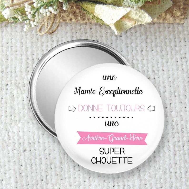 Miroir de poche, badge ou magnet personnalisé 75mm, pour annoncer une grossesse à mamie, Tu vas être arrière grand-mère, livraison rapide